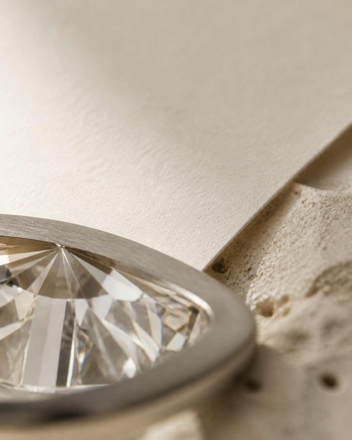 Macro detail of diamond facets and a platinum setting edge.